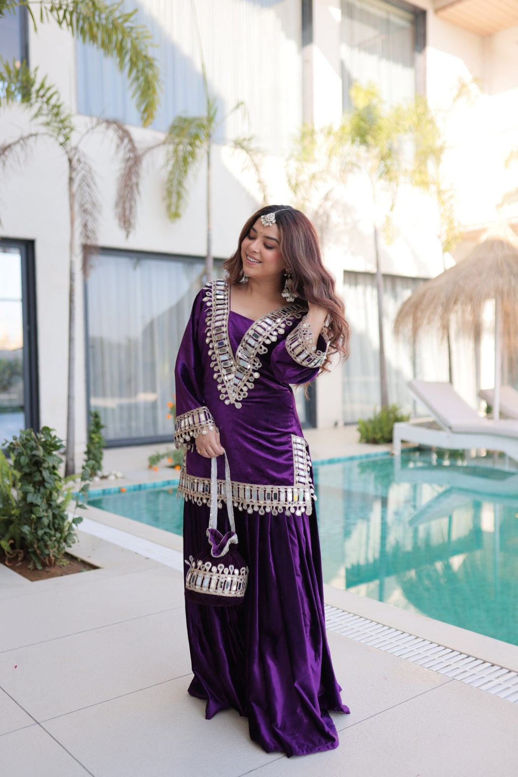 Lorenvalley Fashion Purple Velvet with Rich Zari Embroidered & Real Mirror work Kurta Palazzo with Dupatta | Grocsy