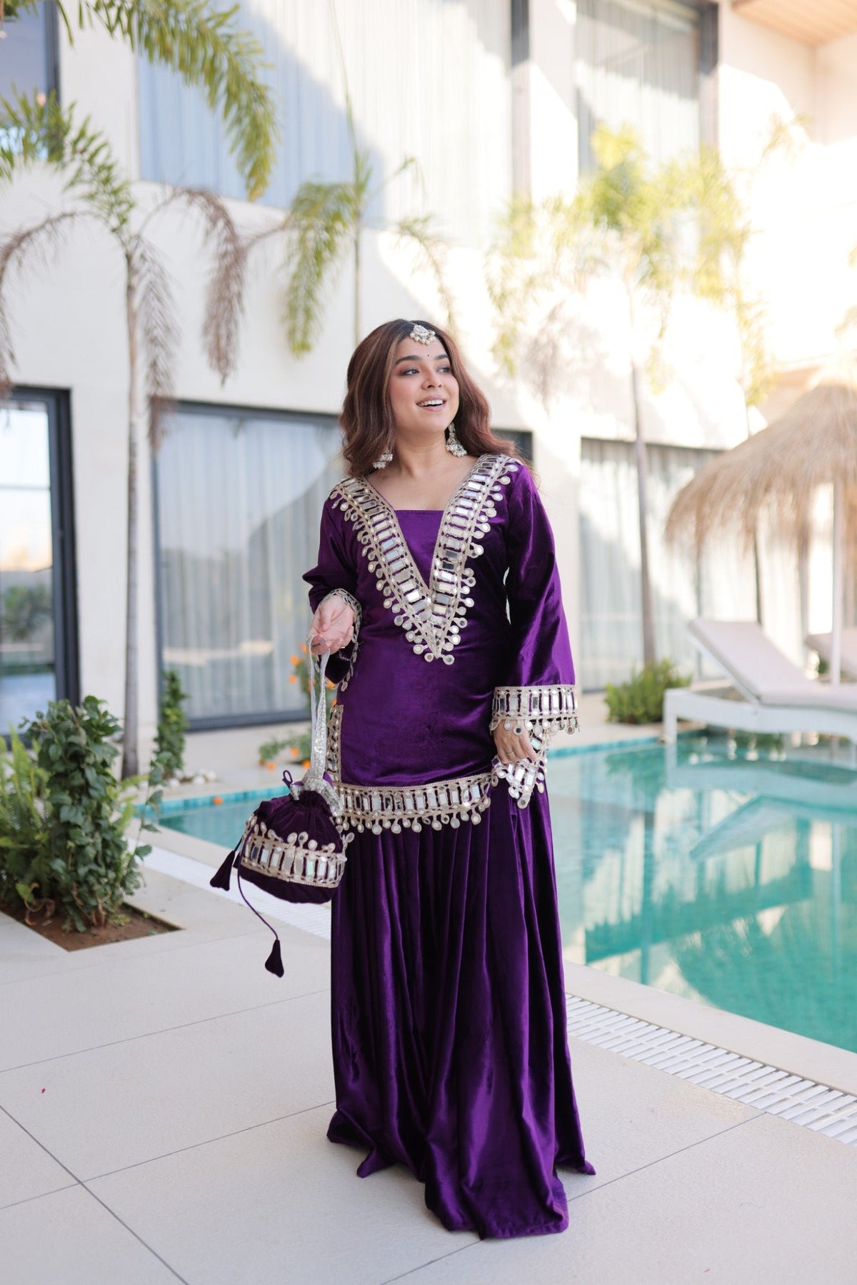 Lorenvalley Fashion Purple Velvet with Rich Zari Embroidered & Real Mirror work Kurta Palazzo with Dupatta | Grocsy