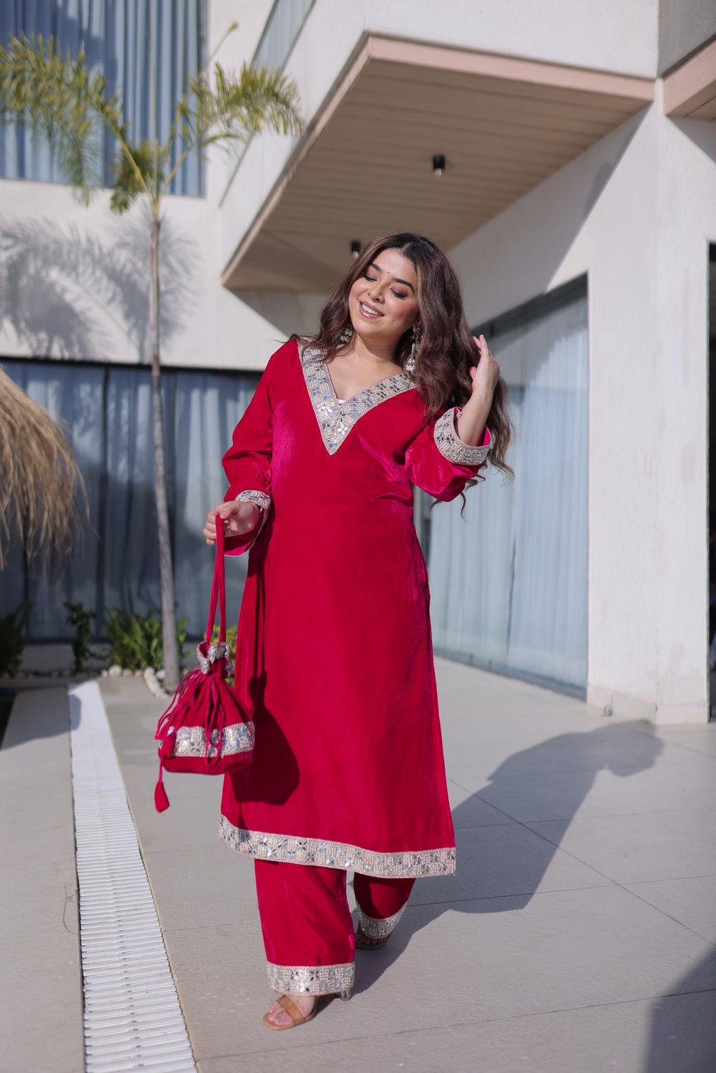 Lorenvalley Fashion Pink 9000 Velvet with Rich Zari Embroidered & Real Mirror Work Kurta Pant with Batwa | Grocsy