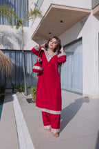 Lorenvalley Fashion Pink 9000 Velvet with Rich Zari Embroidered & Real Mirror Work Kurta Pant with Batwa | Grocsy