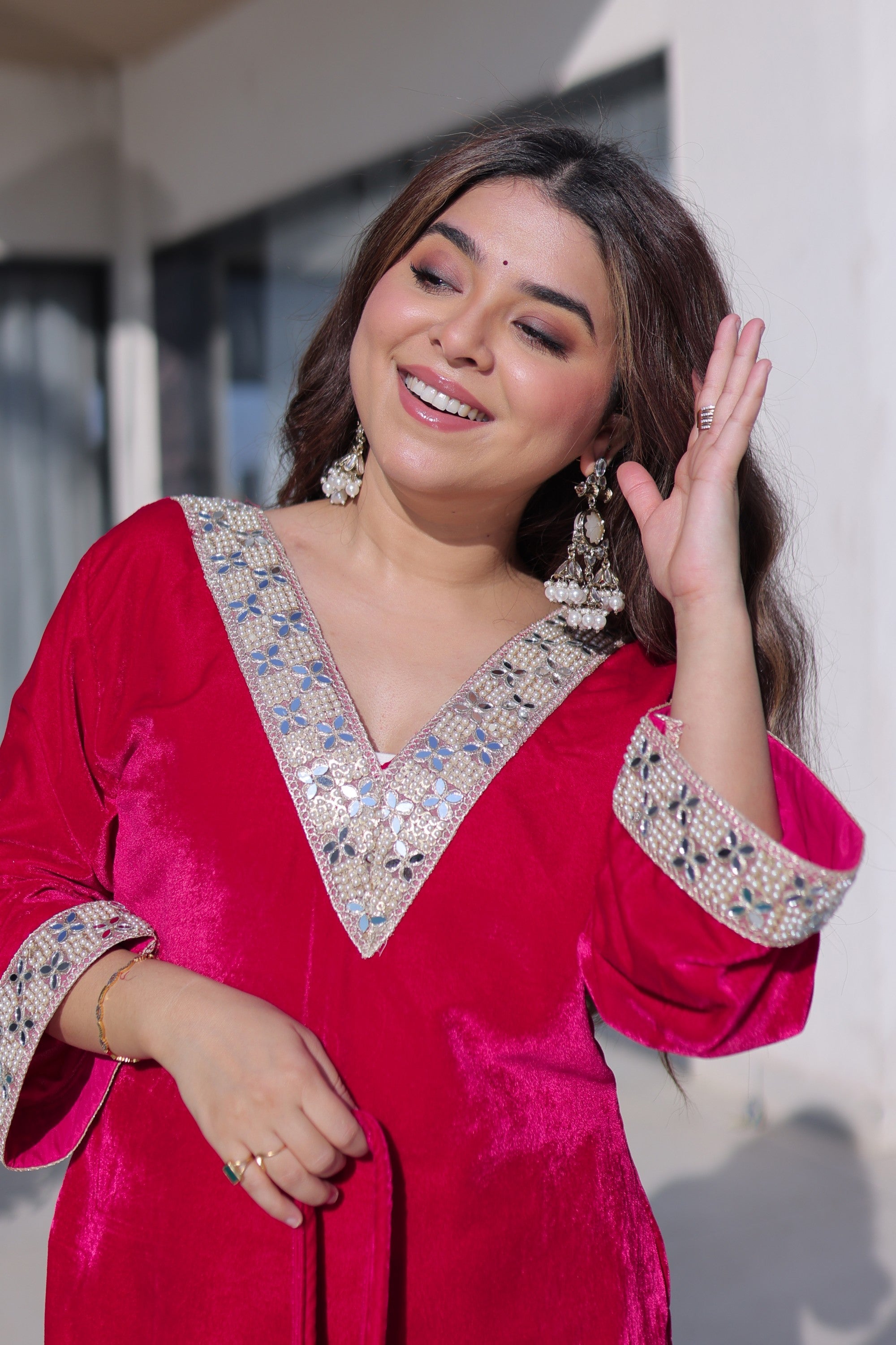 Lorenvalley Fashion Pink 9000 Velvet with Rich Zari Embroidered & Real Mirror Work Kurta Pant with Batwa | Grocsy