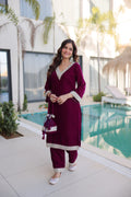 Lorenvalley Fashion Wine 9000 Velvet with Rich Zari Embroidered & Real Mirror Work Kurta Pant with Batwa | Grocsy