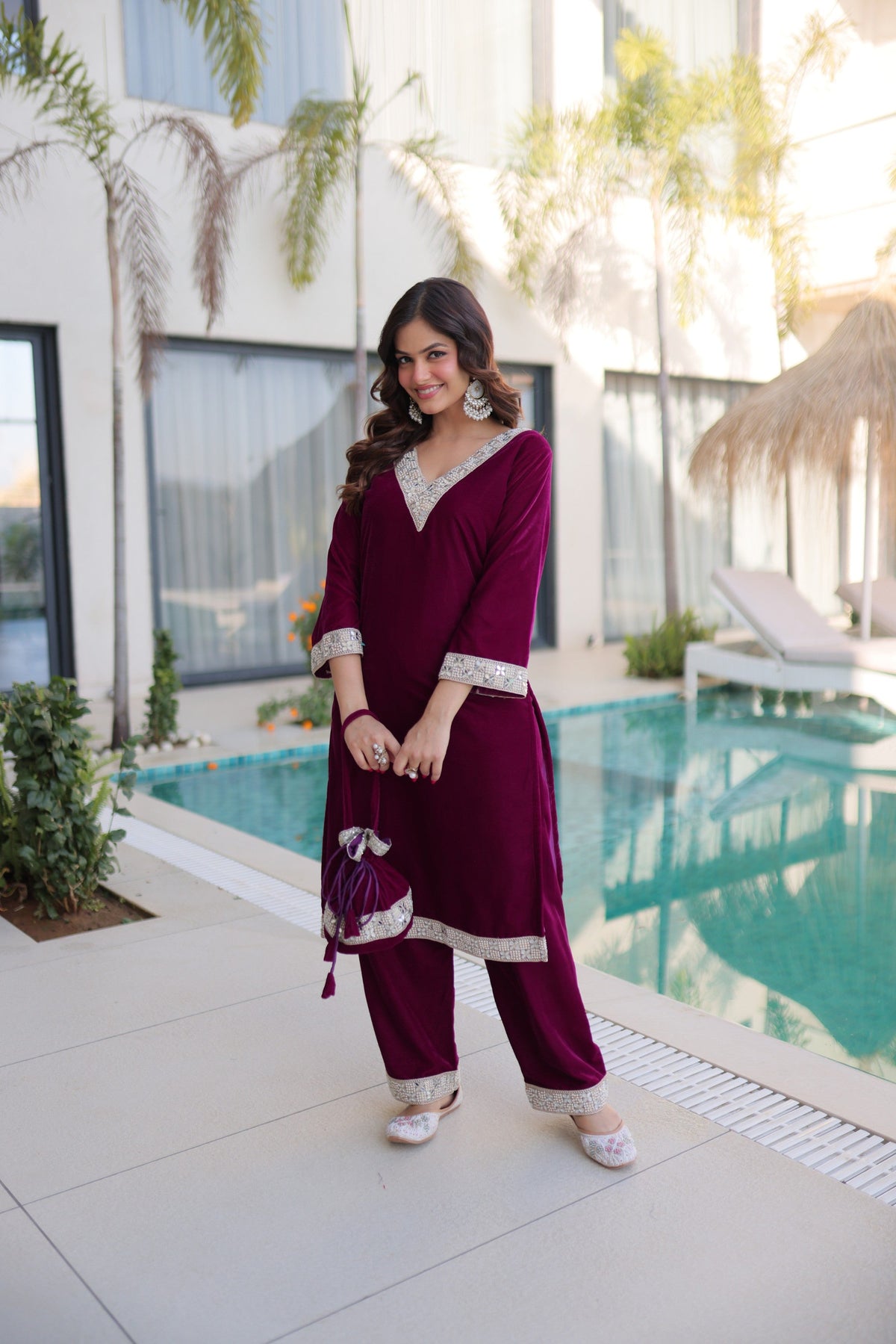 Lorenvalley Fashion Wine 9000 Velvet with Rich Zari Embroidered & Real Mirror Work Kurta Pant with Batwa | Grocsy