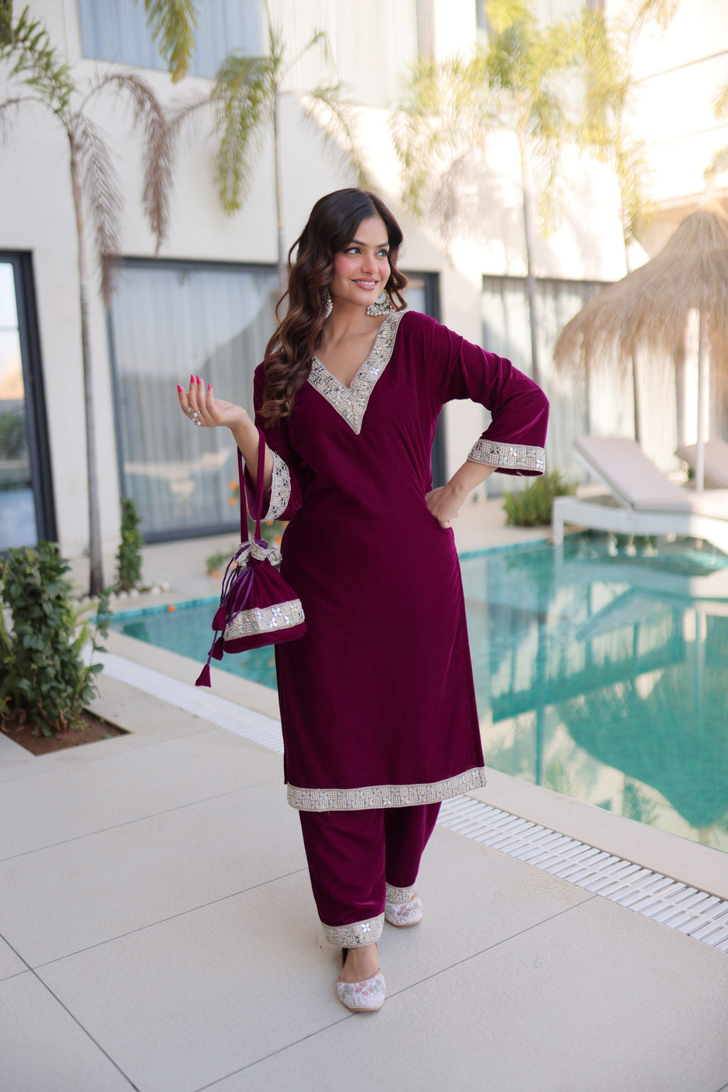 Lorenvalley Fashion Wine 9000 Velvet with Rich Zari Embroidered & Real Mirror Work Kurta Pant with Batwa | Grocsy