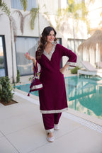 Lorenvalley Fashion Wine 9000 Velvet with Rich Zari Embroidered & Real Mirror Work Kurta Pant with Batwa | Grocsy