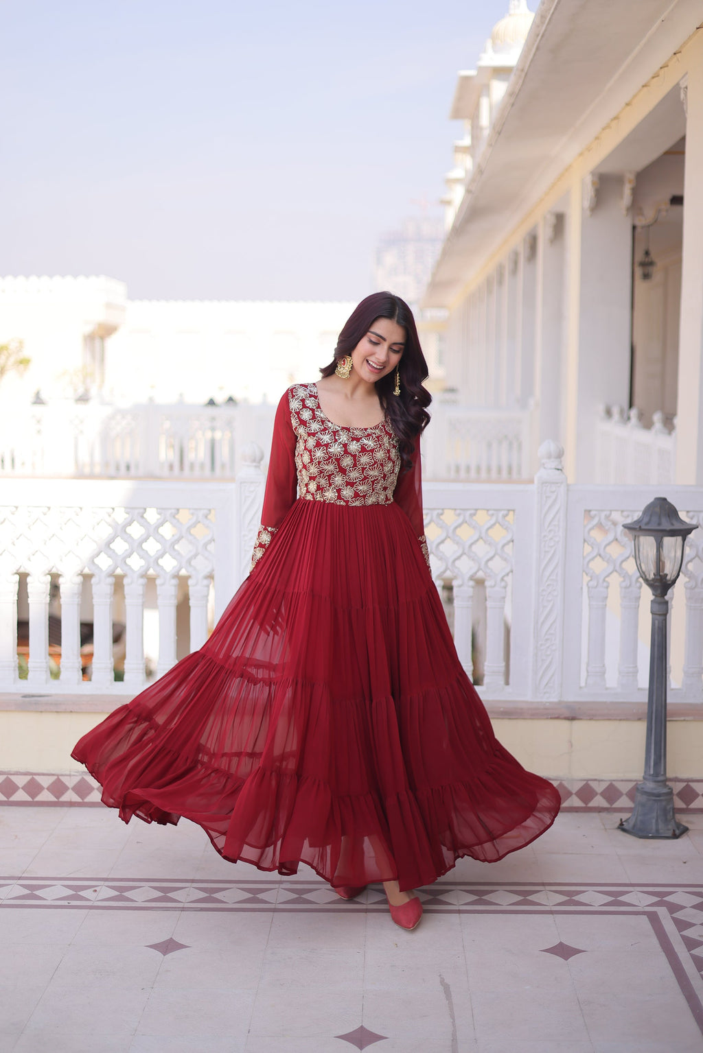 Lorenvalley Fashion Maroon Faux Blooming with Sequins & Zari with Pipe Embroidered work Gown | Grocsy