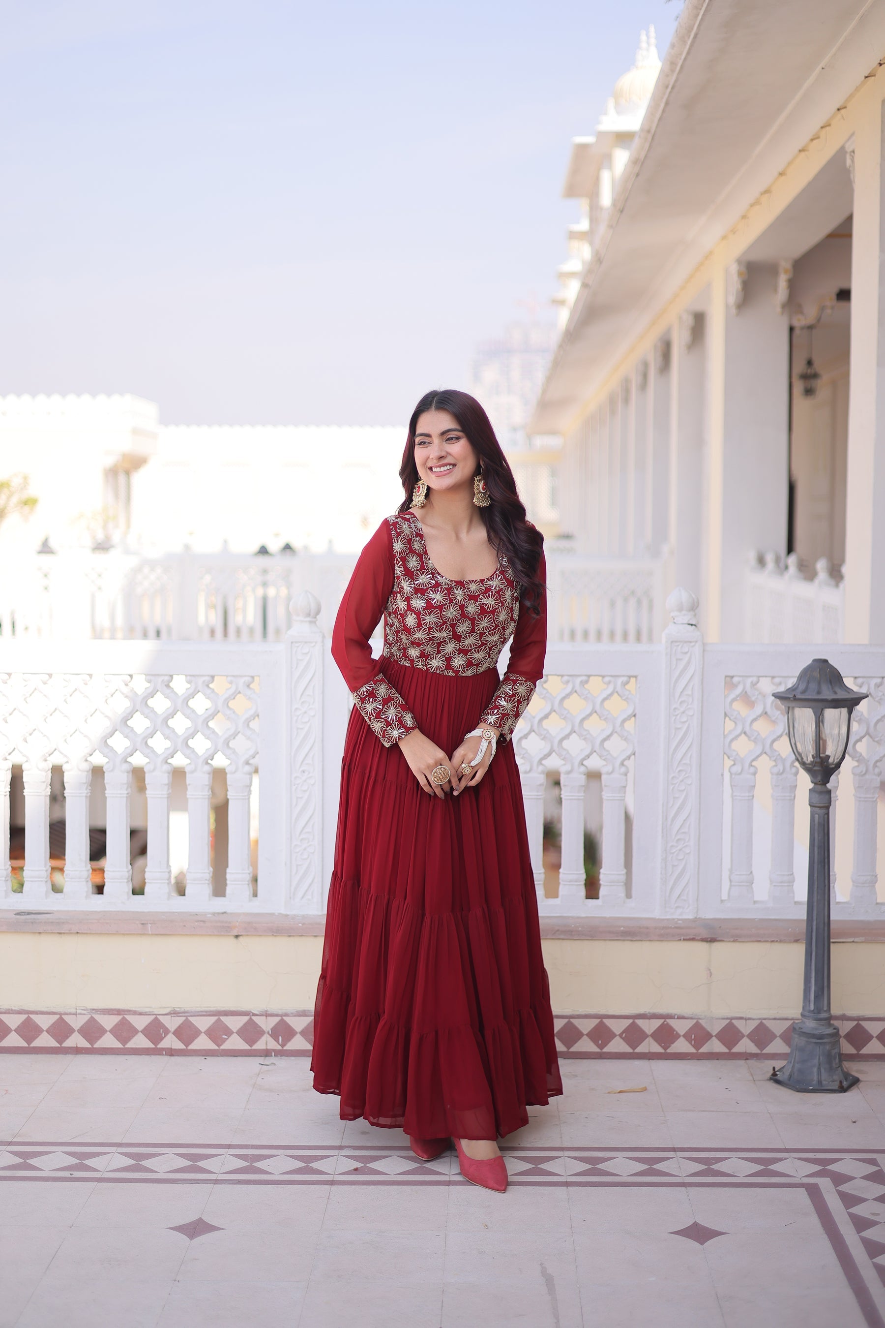 Lorenvalley Fashion Maroon Faux Blooming with Sequins & Zari with Pipe Embroidered work Gown | Grocsy