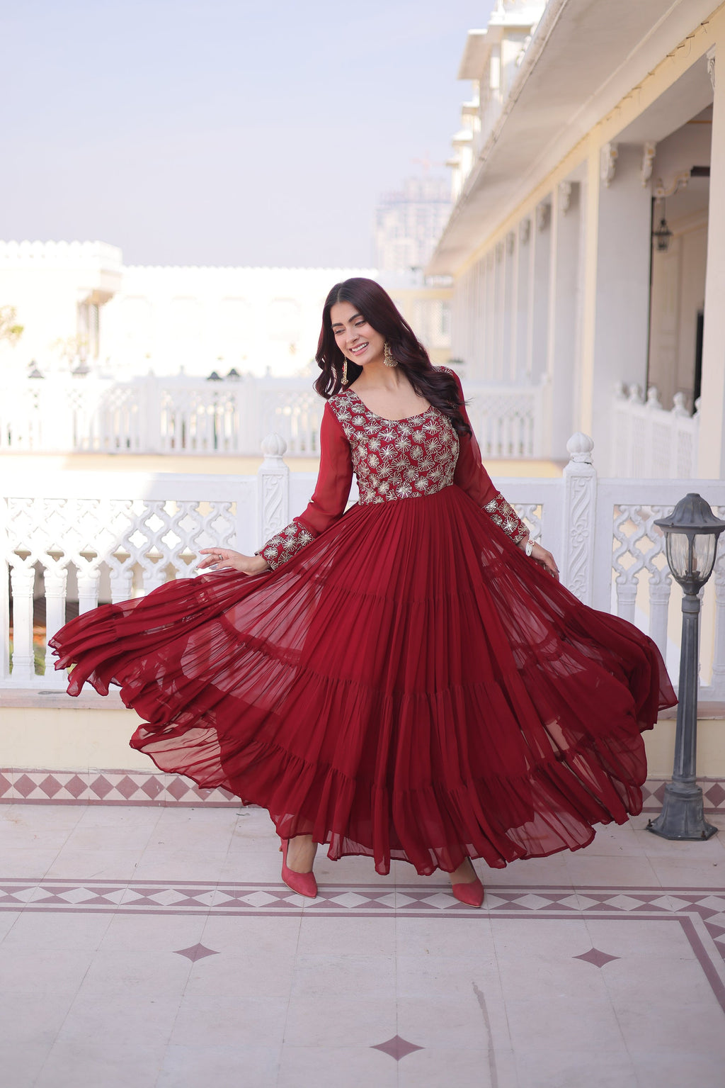 Lorenvalley Fashion Maroon Faux Blooming with Sequins & Zari with Pipe Embroidered work Gown | Grocsy