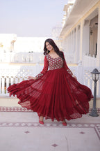 Lorenvalley Fashion Maroon Faux Blooming with Sequins & Zari with Pipe Embroidered work Gown | Grocsy