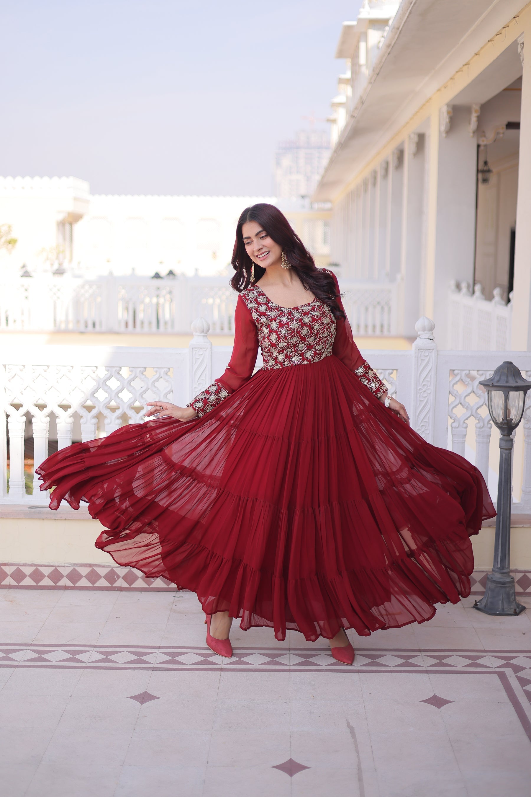 Lorenvalley Fashion Maroon Faux Blooming with Sequins & Zari with Pipe Embroidered work Gown | Grocsy