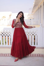 Lorenvalley Fashion Maroon Faux Blooming with Sequins & Zari with Pipe Embroidered work Gown | Grocsy