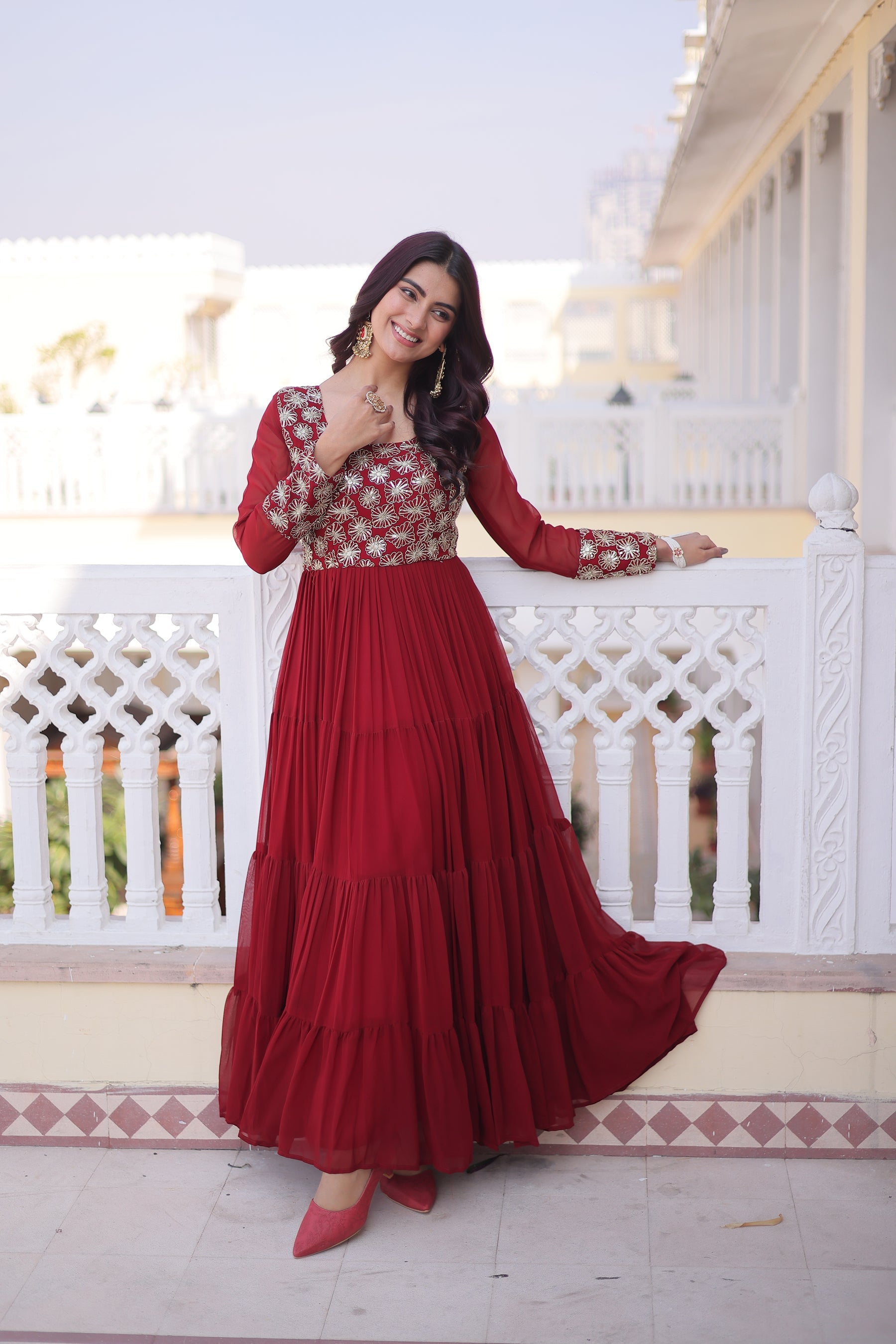 Lorenvalley Fashion Maroon Faux Blooming with Sequins & Zari with Pipe Embroidered work Gown | Grocsy
