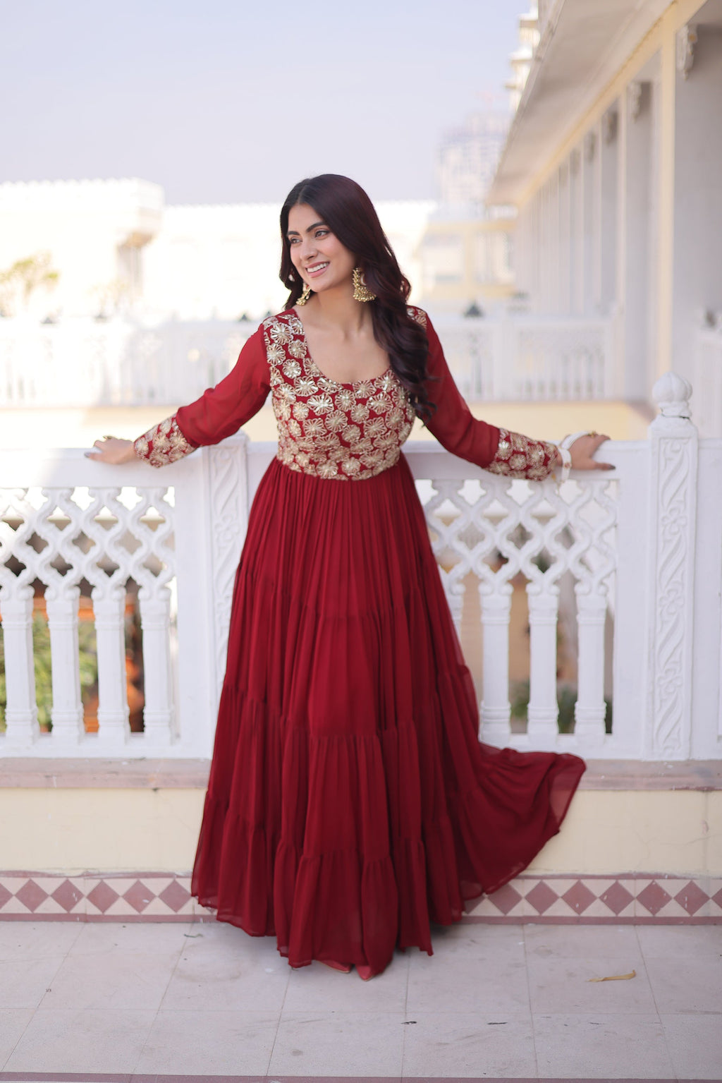 Lorenvalley Fashion Maroon Faux Blooming with Sequins & Zari with Pipe Embroidered work Gown | Grocsy