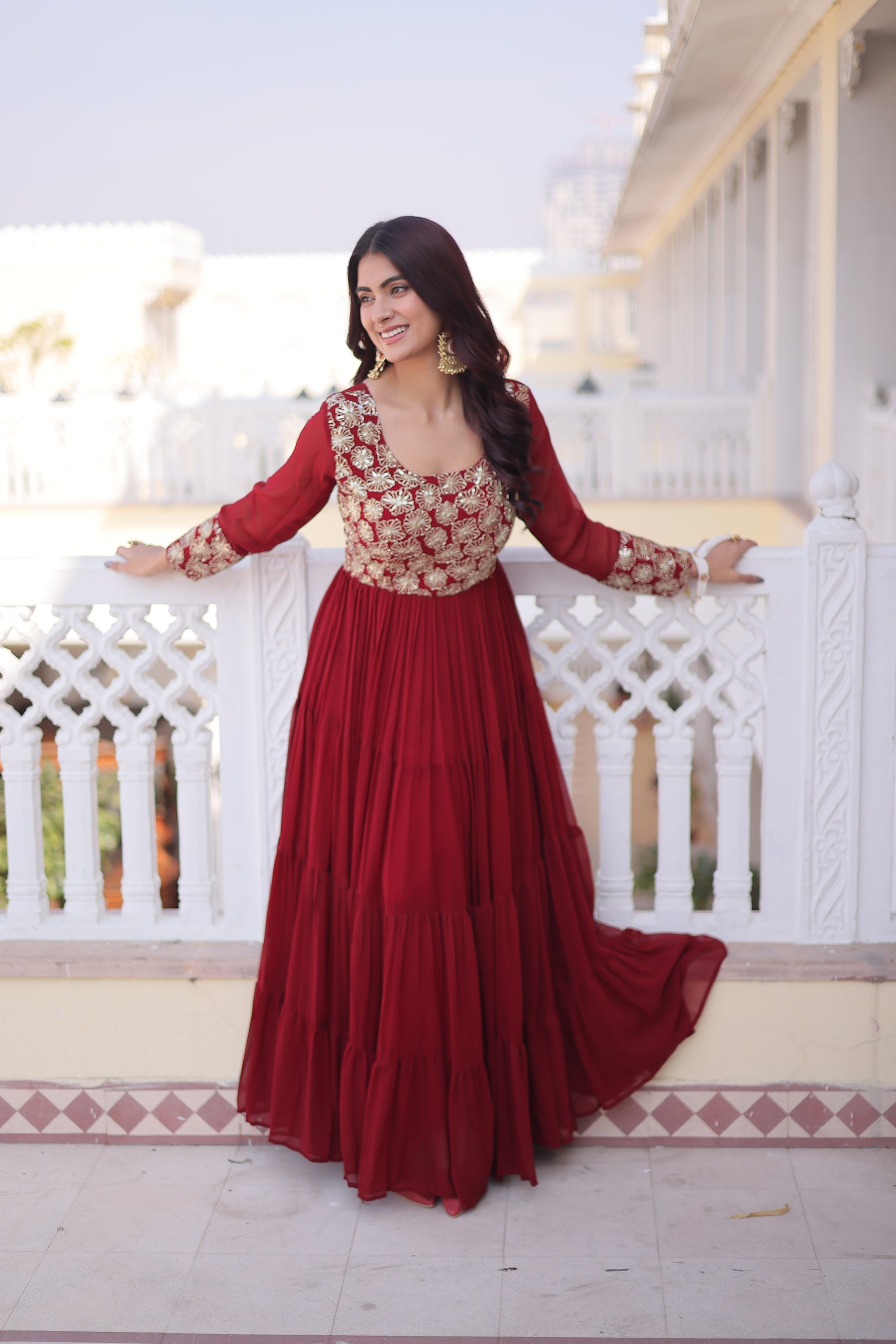Lorenvalley Fashion Maroon Faux Blooming with Sequins & Zari with Pipe Embroidered work Gown | Grocsy