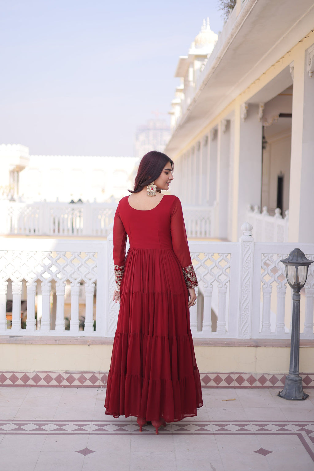 Lorenvalley Fashion Maroon Faux Blooming with Sequins & Zari with Pipe Embroidered work Gown | Grocsy