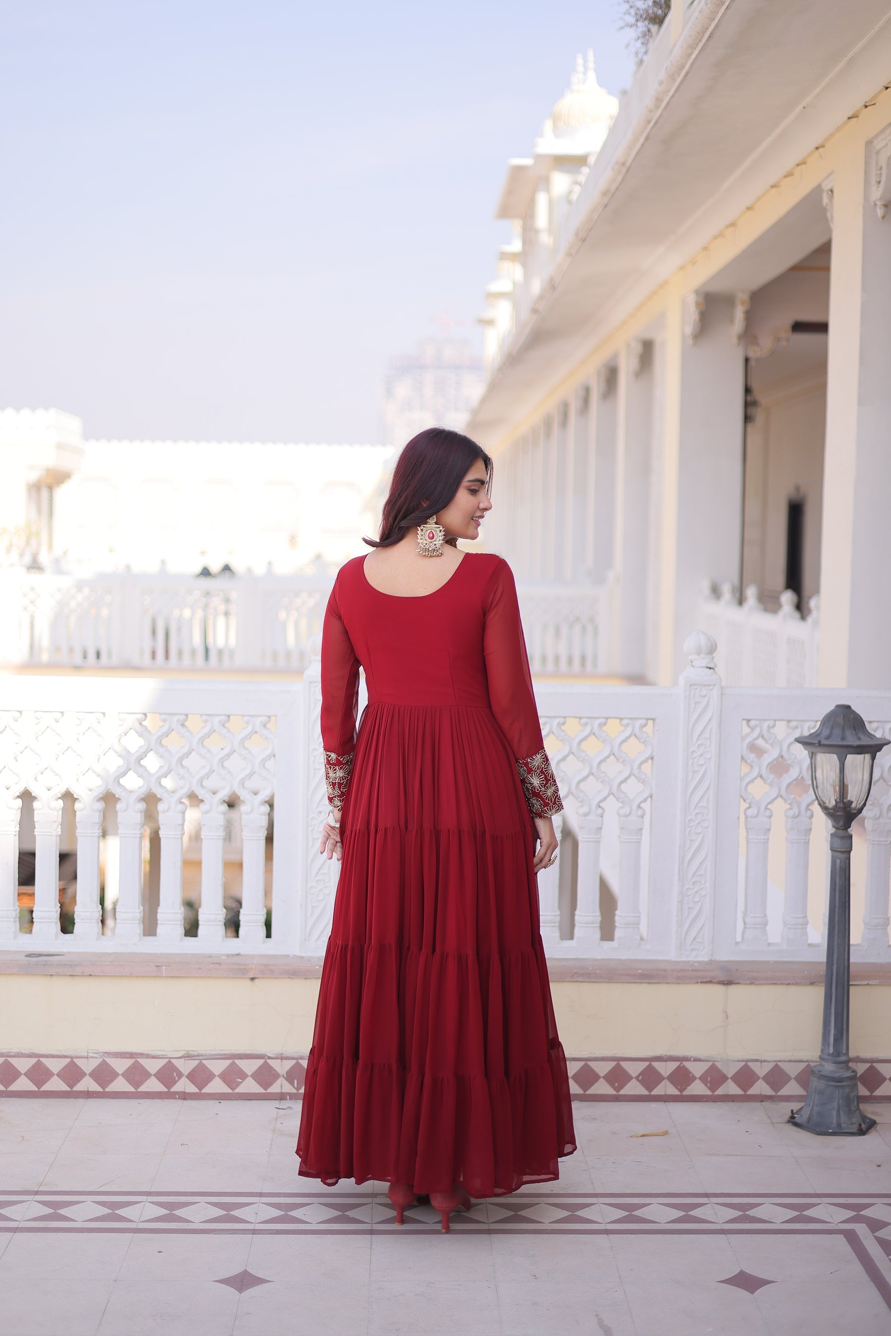 Lorenvalley Fashion Maroon Faux Blooming with Sequins & Zari with Pipe Embroidered work Gown | Grocsy