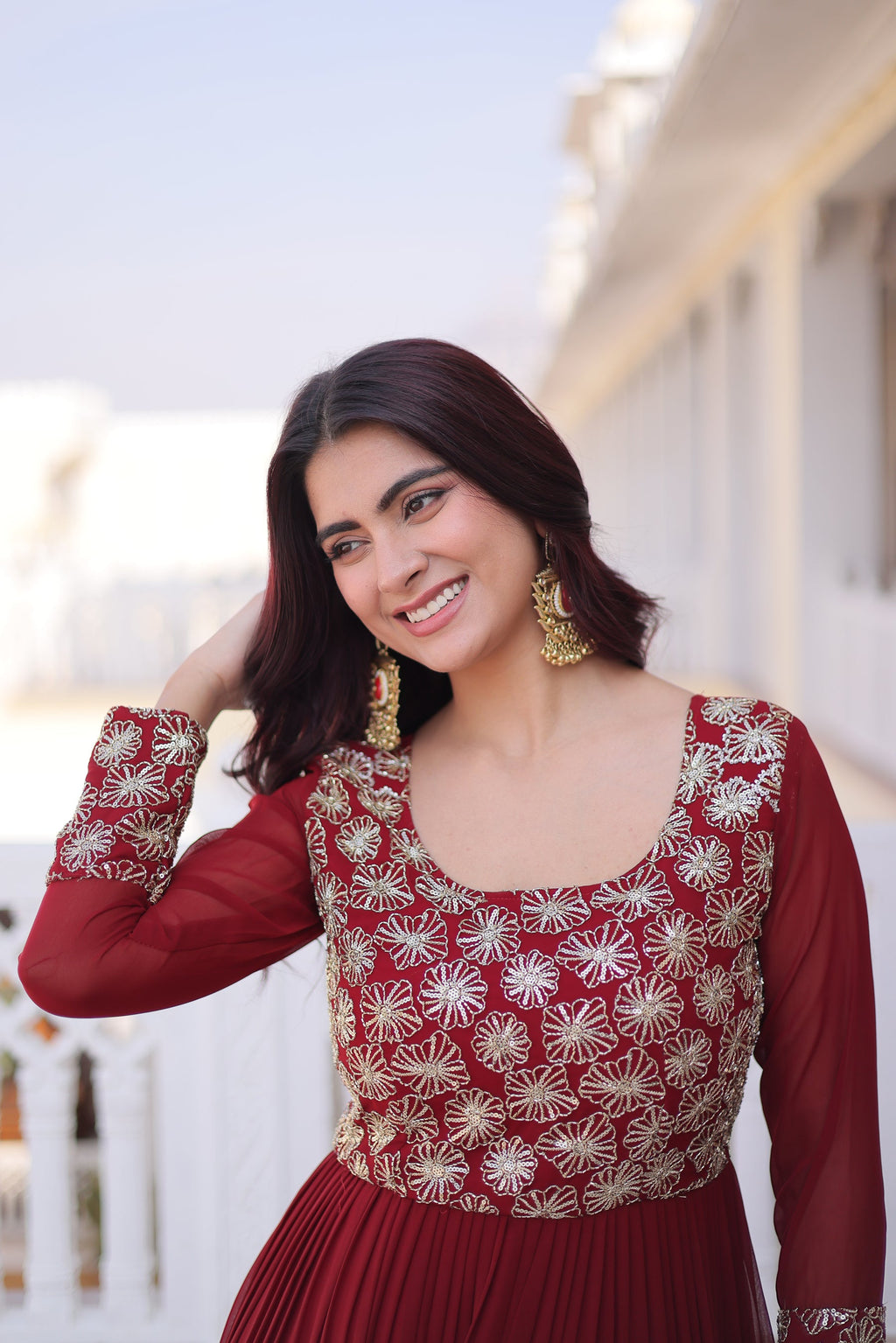 Lorenvalley Fashion Maroon Faux Blooming with Sequins & Zari with Pipe Embroidered work Gown | Grocsy