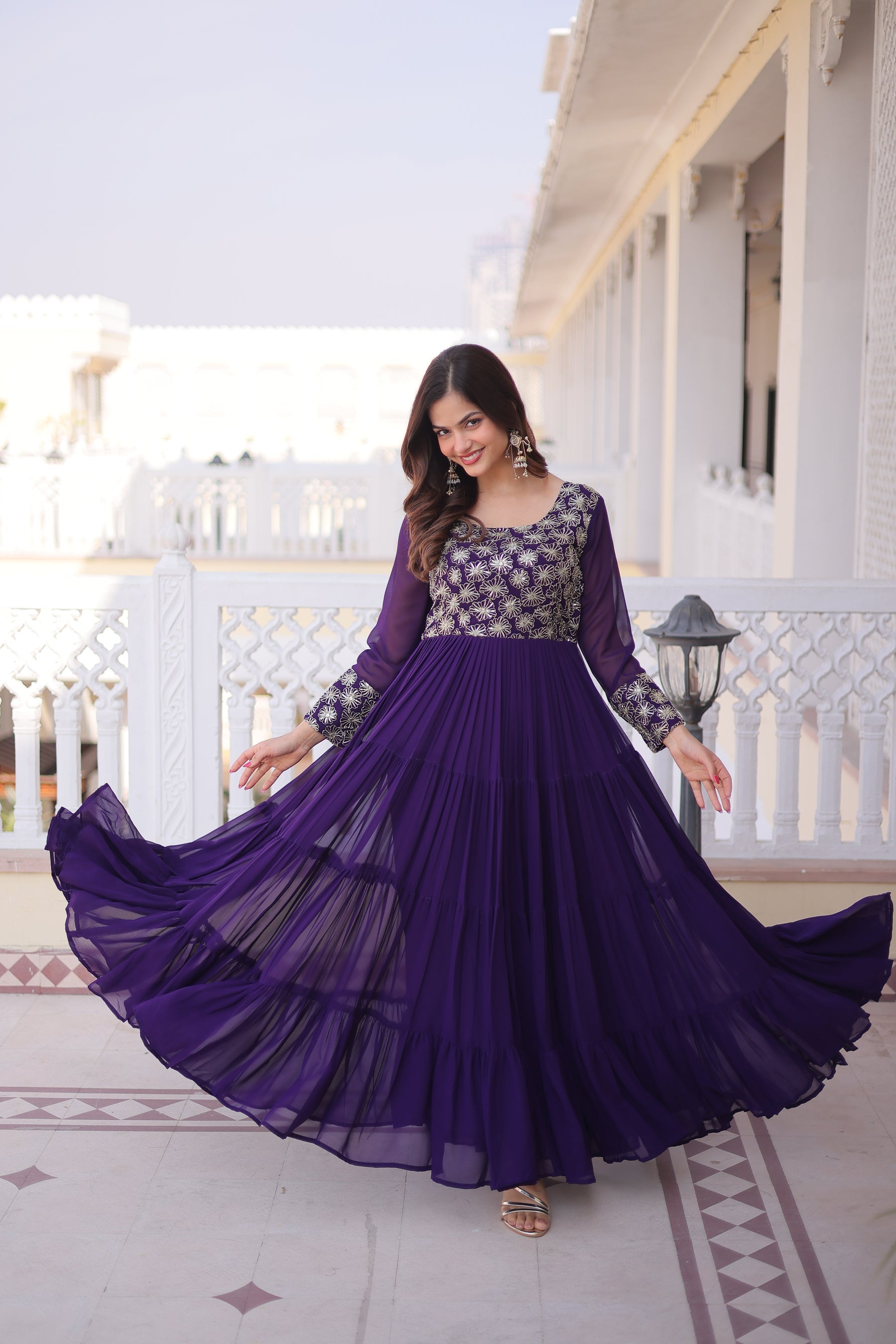 Lorenvalley Fashion Purple Faux Blooming with Sequins & Zari with Pipe Embroidered work Gown | Grocsy