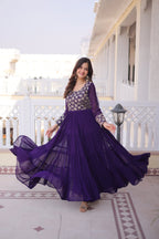 Lorenvalley Fashion Purple Faux Blooming with Sequins & Zari with Pipe Embroidered work Gown | Grocsy