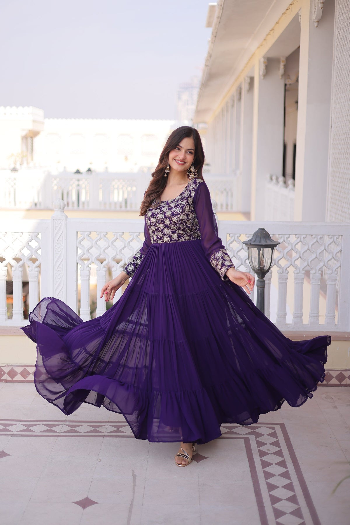 Lorenvalley Fashion Purple Faux Blooming with Sequins & Zari with Pipe Embroidered work Gown | Grocsy