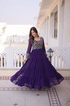 Lorenvalley Fashion Purple Faux Blooming with Sequins & Zari with Pipe Embroidered work Gown | Grocsy