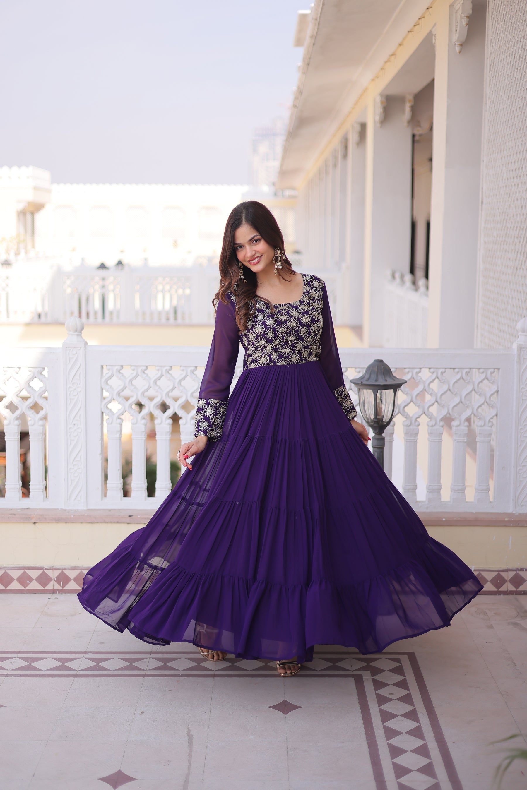 Lorenvalley Fashion Purple Faux Blooming with Sequins & Zari with Pipe Embroidered work Gown | Grocsy