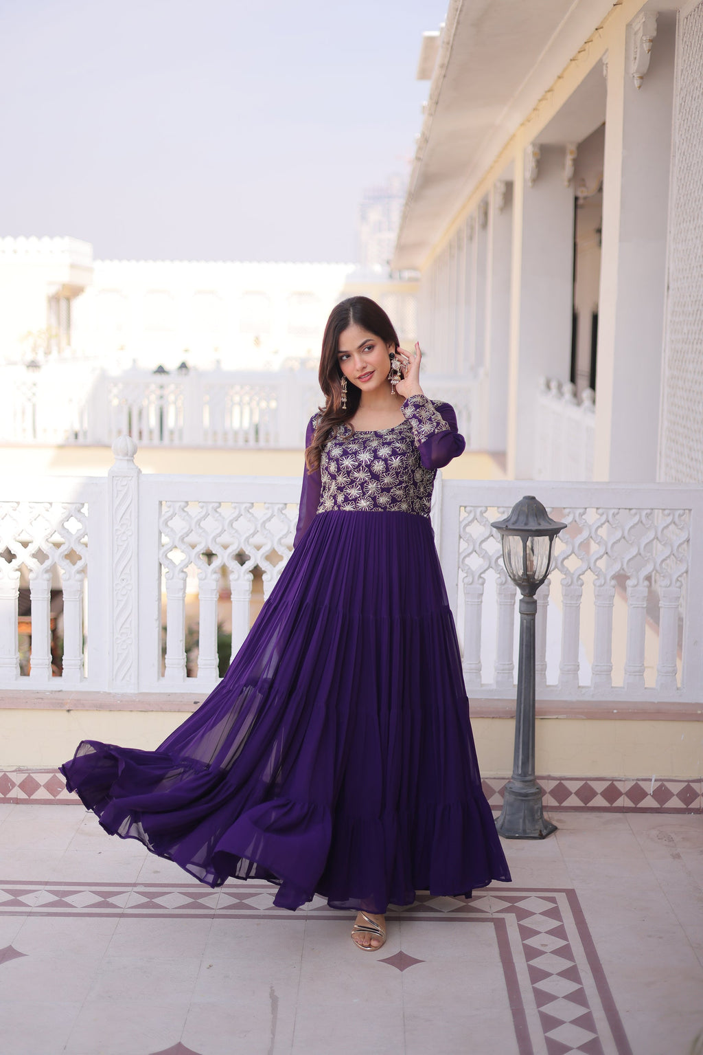 Lorenvalley Fashion Purple Faux Blooming with Sequins & Zari with Pipe Embroidered work Gown | Grocsy