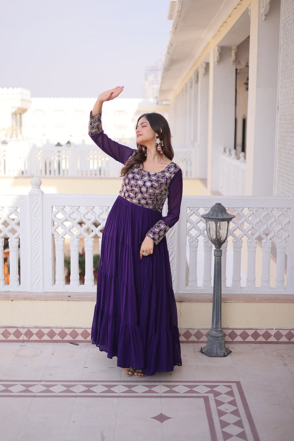 Lorenvalley Fashion Purple Faux Blooming with Sequins & Zari with Pipe Embroidered work Gown | Grocsy