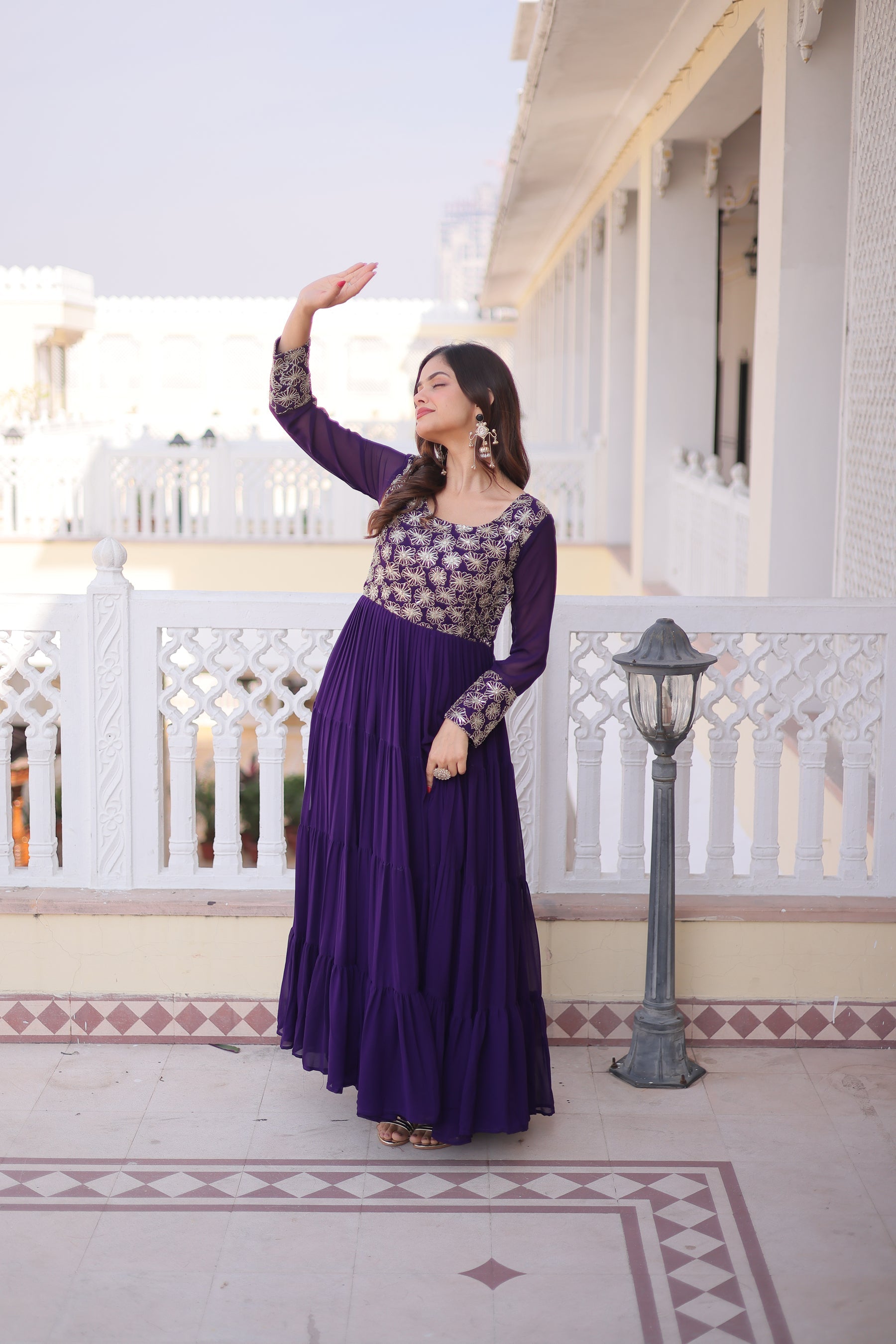 Lorenvalley Fashion Purple Faux Blooming with Sequins & Zari with Pipe Embroidered work Gown | Grocsy