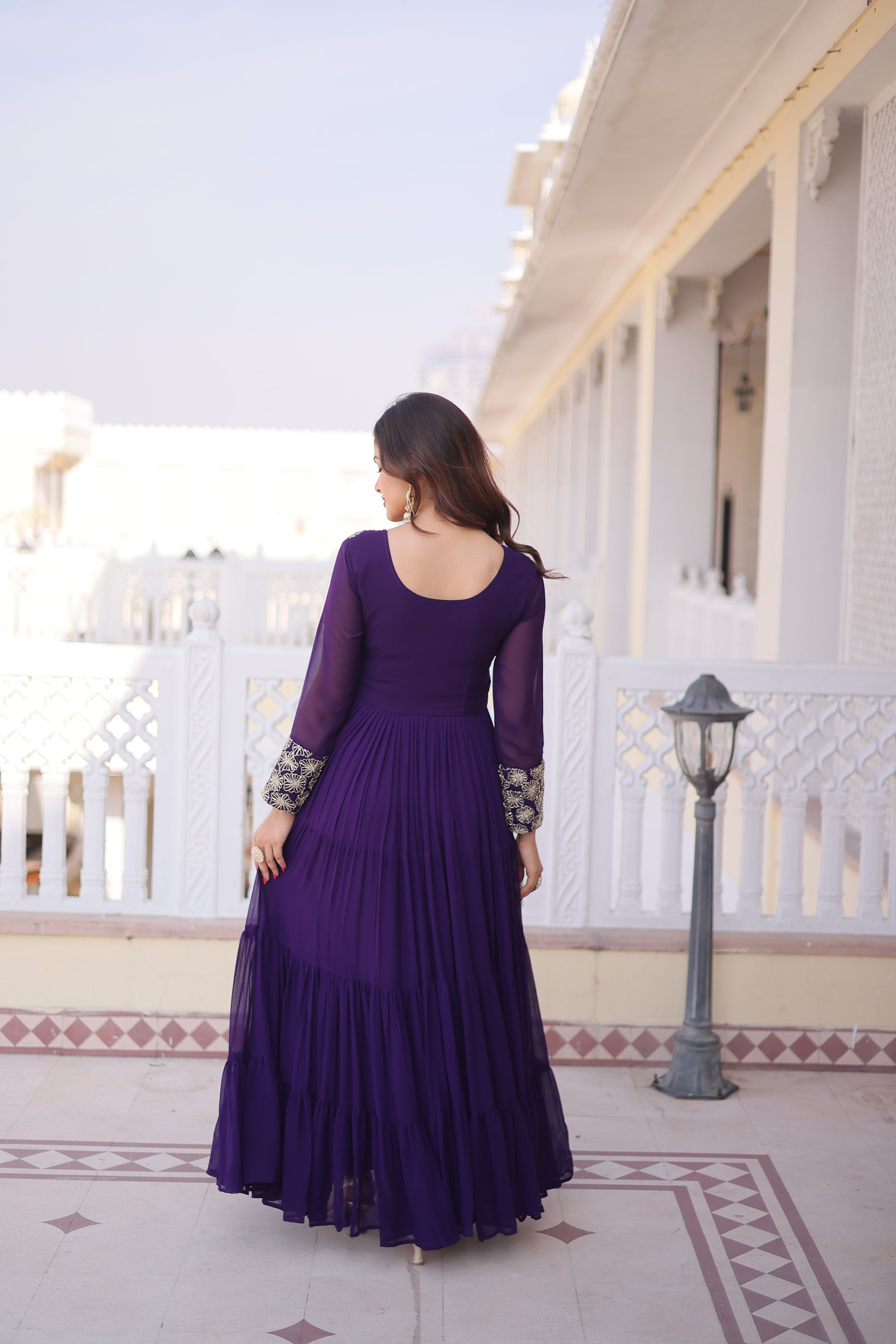 Lorenvalley Fashion Purple Faux Blooming with Sequins & Zari with Pipe Embroidered work Gown | Grocsy
