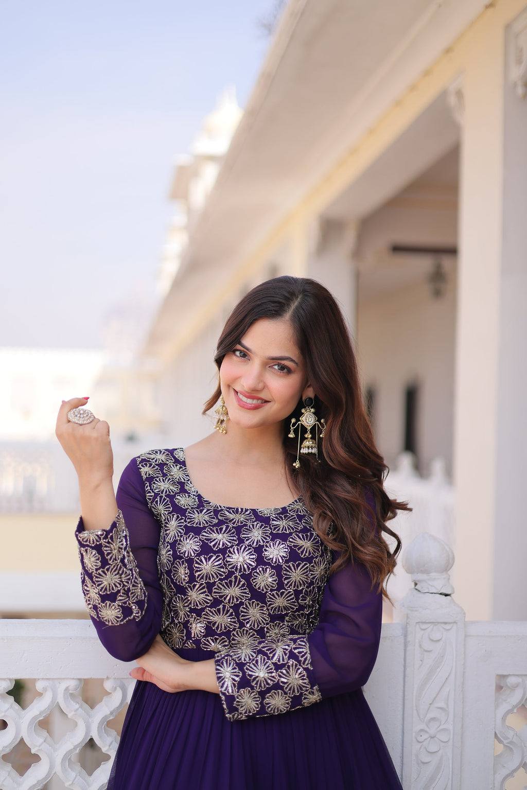 Lorenvalley Fashion Purple Faux Blooming with Sequins & Zari with Pipe Embroidered work Gown | Grocsy