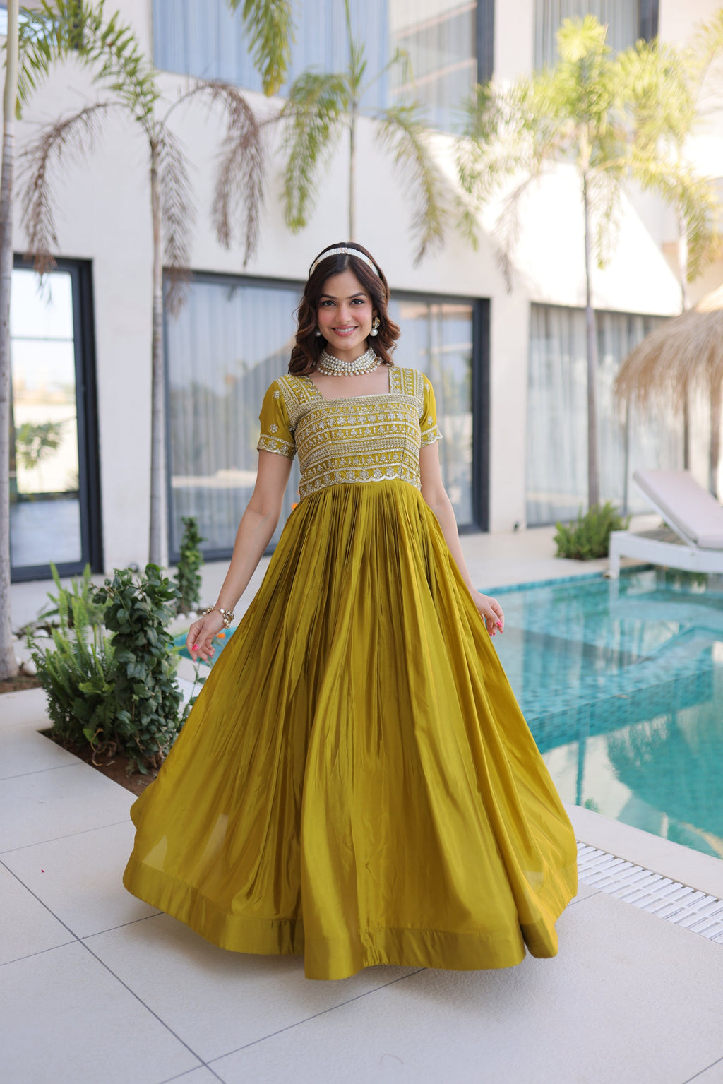 Lorenvalley Fashion Mehendi H O Silk with Sequins & Zari with Pipe Beads Embroidered work Gown | Grocsy