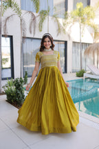 Lorenvalley Fashion Mehendi H O Silk with Sequins & Zari with Pipe Beads Embroidered work Gown | Grocsy