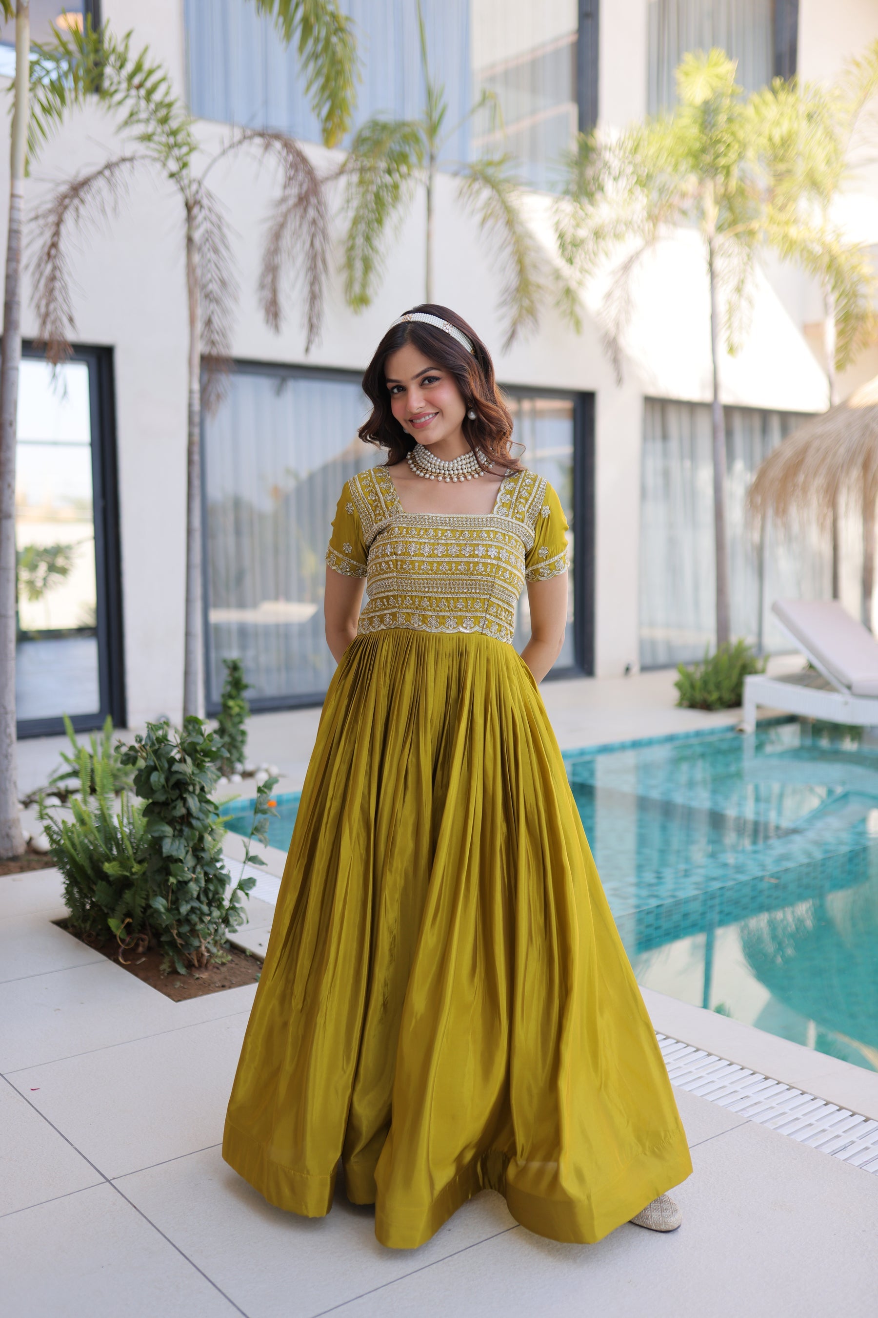 Lorenvalley Fashion Mehendi H O Silk with Sequins & Zari with Pipe Beads Embroidered work Gown | Grocsy