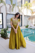 Lorenvalley Fashion Mehendi H O Silk with Sequins & Zari with Pipe Beads Embroidered work Gown | Grocsy