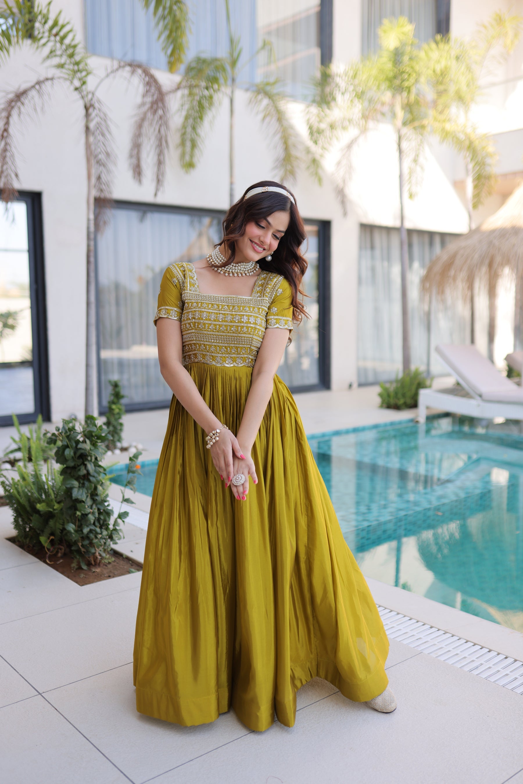 Lorenvalley Fashion Mehendi H O Silk with Sequins & Zari with Pipe Beads Embroidered work Gown | Grocsy