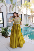 Lorenvalley Fashion Mehendi H O Silk with Sequins & Zari with Pipe Beads Embroidered work Gown | Grocsy