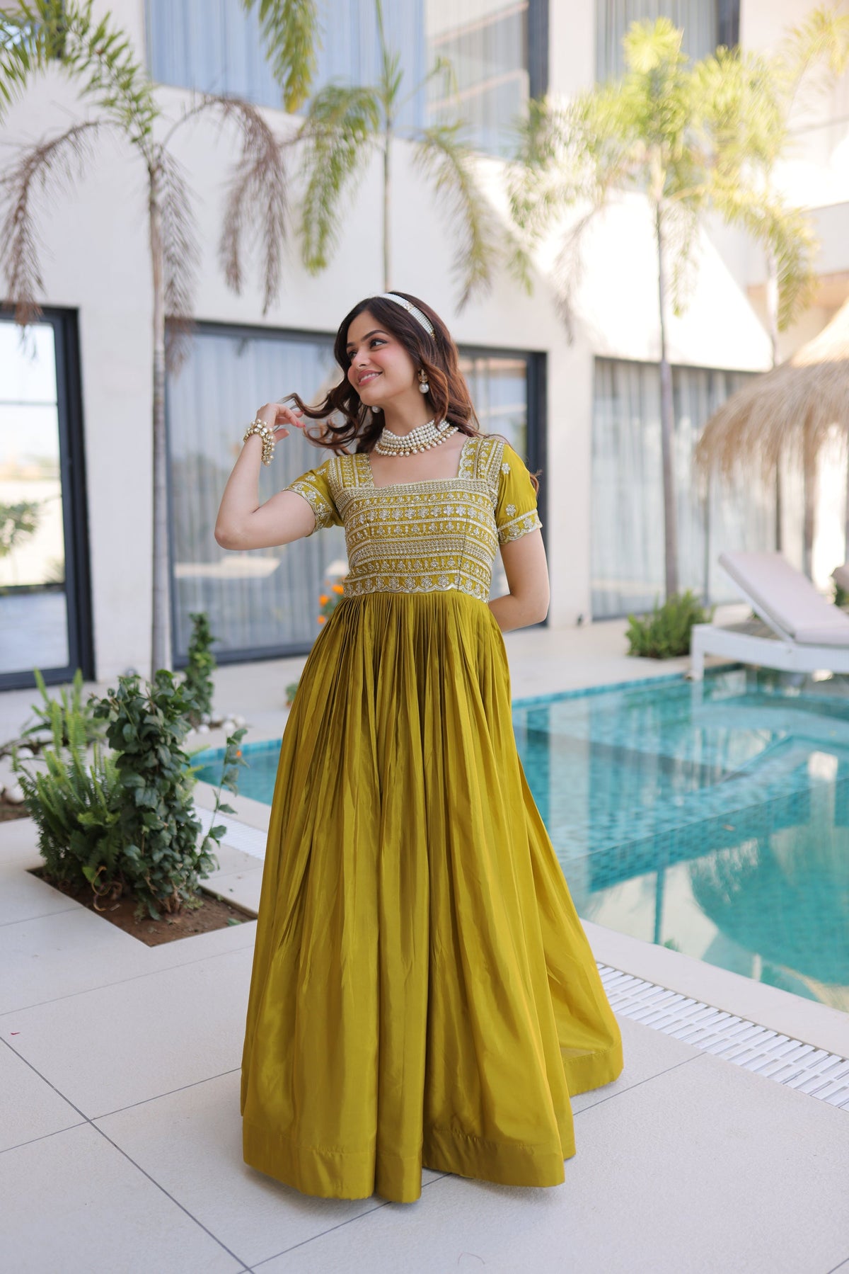 Lorenvalley Fashion Mehendi H O Silk with Sequins & Zari with Pipe Beads Embroidered work Gown | Grocsy