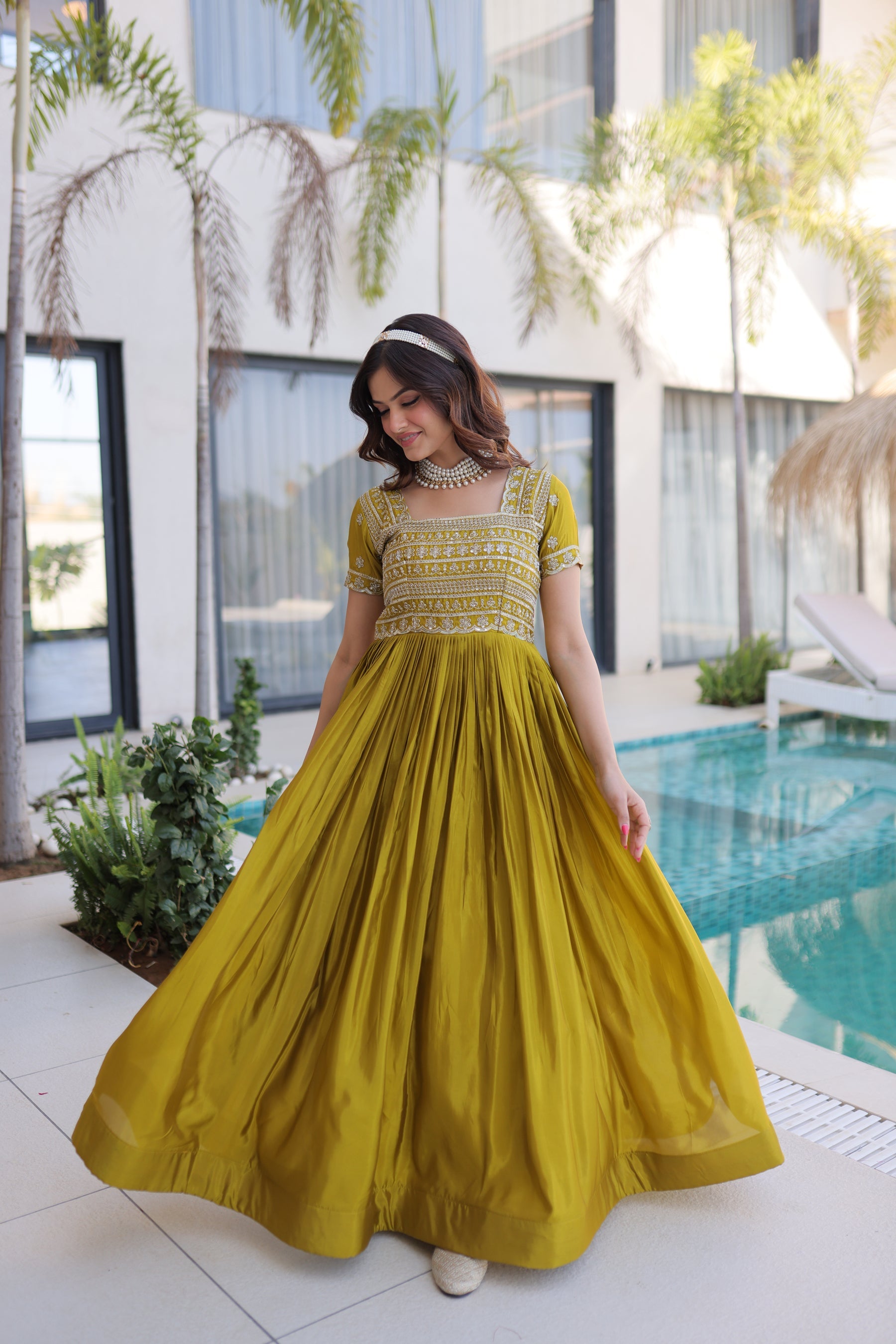 Lorenvalley Fashion Mehendi H O Silk with Sequins & Zari with Pipe Beads Embroidered work Gown | Grocsy