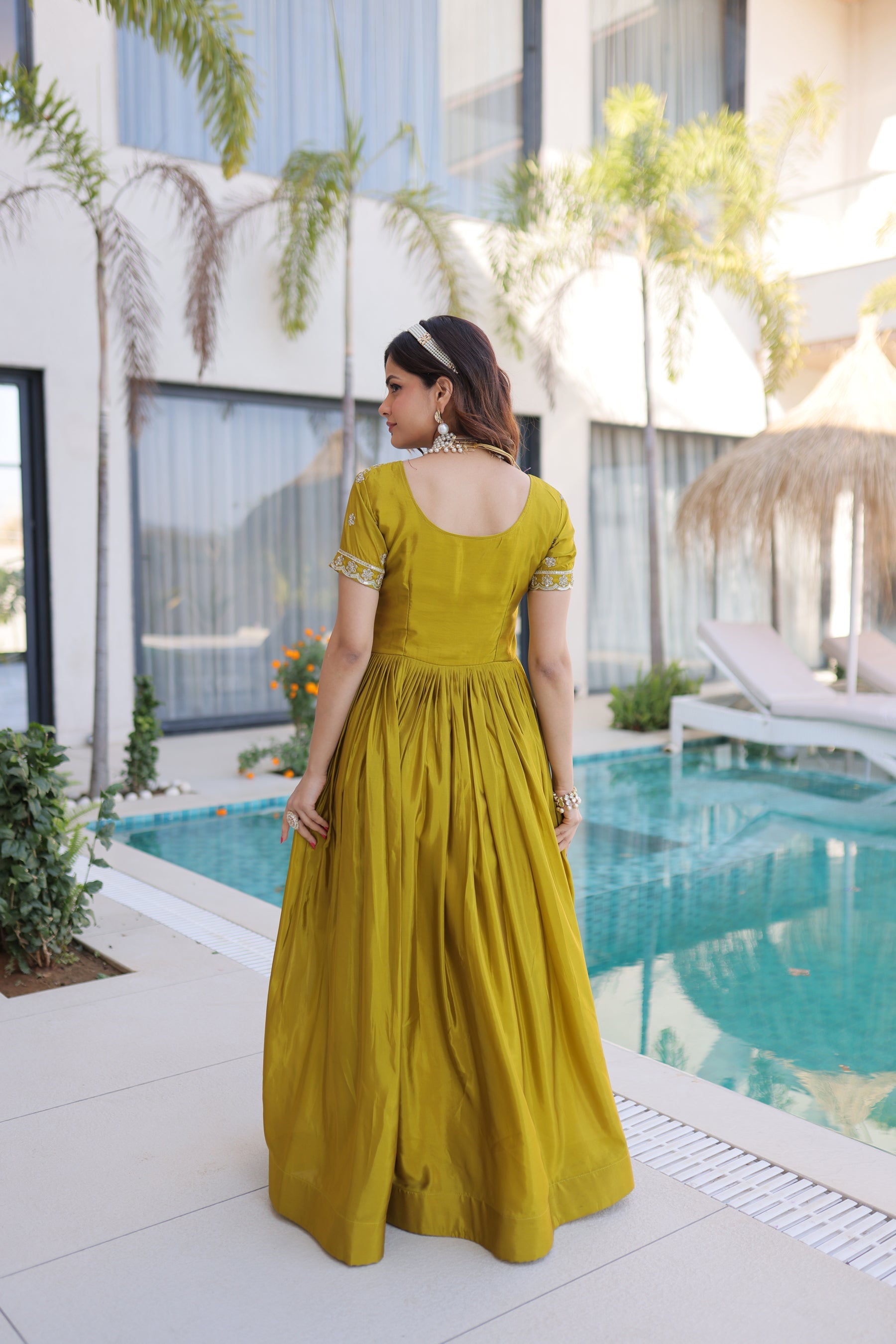 Lorenvalley Fashion Mehendi H O Silk with Sequins & Zari with Pipe Beads Embroidered work Gown | Grocsy