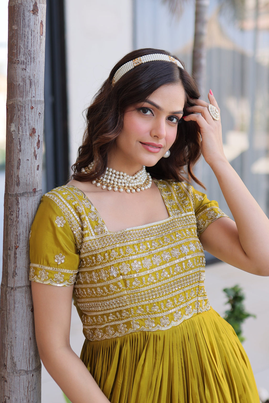 Lorenvalley Fashion Mehendi H O Silk with Sequins & Zari with Pipe Beads Embroidered work Gown | Grocsy