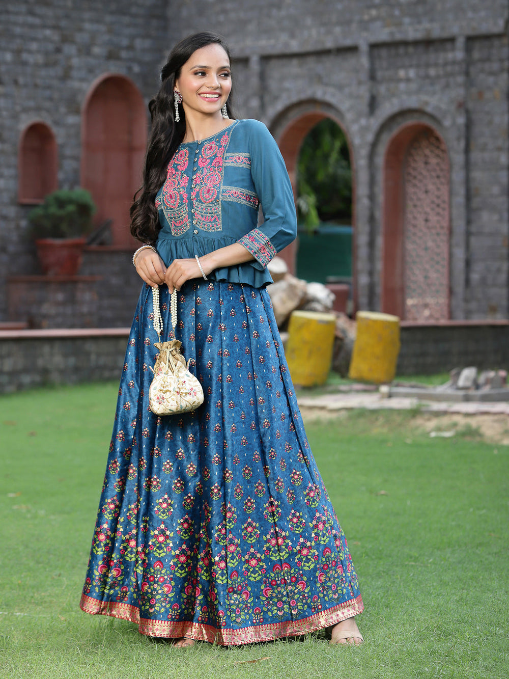 Juniper Women`s Teal Satin Embroidered Flared Lehenga Choli Sets | Grocsy