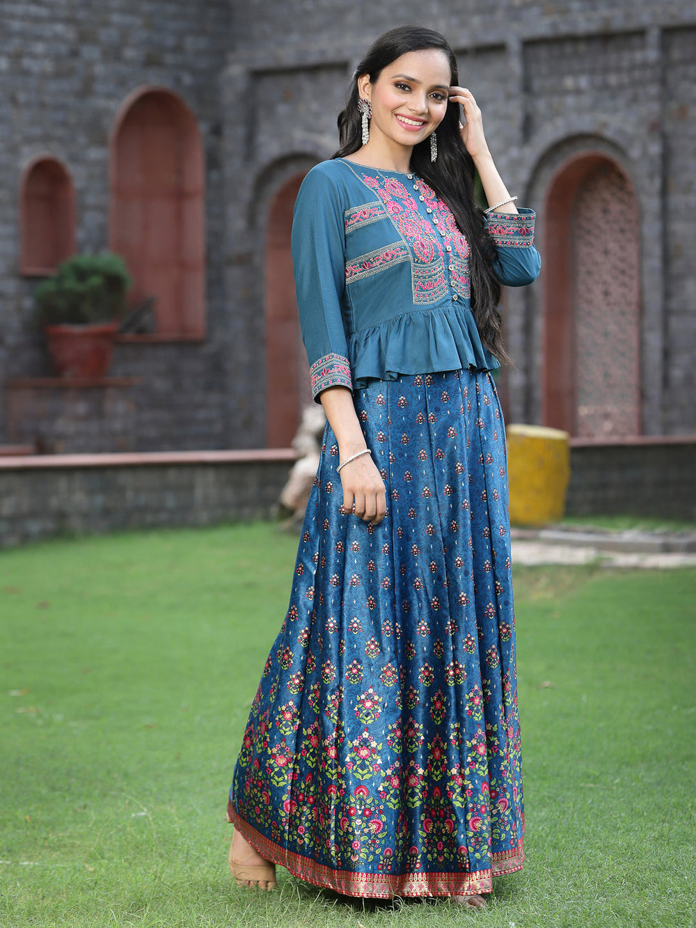 Juniper Women`s Teal Satin Embroidered Flared Lehenga Choli Sets | Grocsy