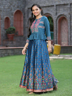 Juniper Women`s Teal Satin Embroidered Flared Lehenga Choli Sets | Grocsy