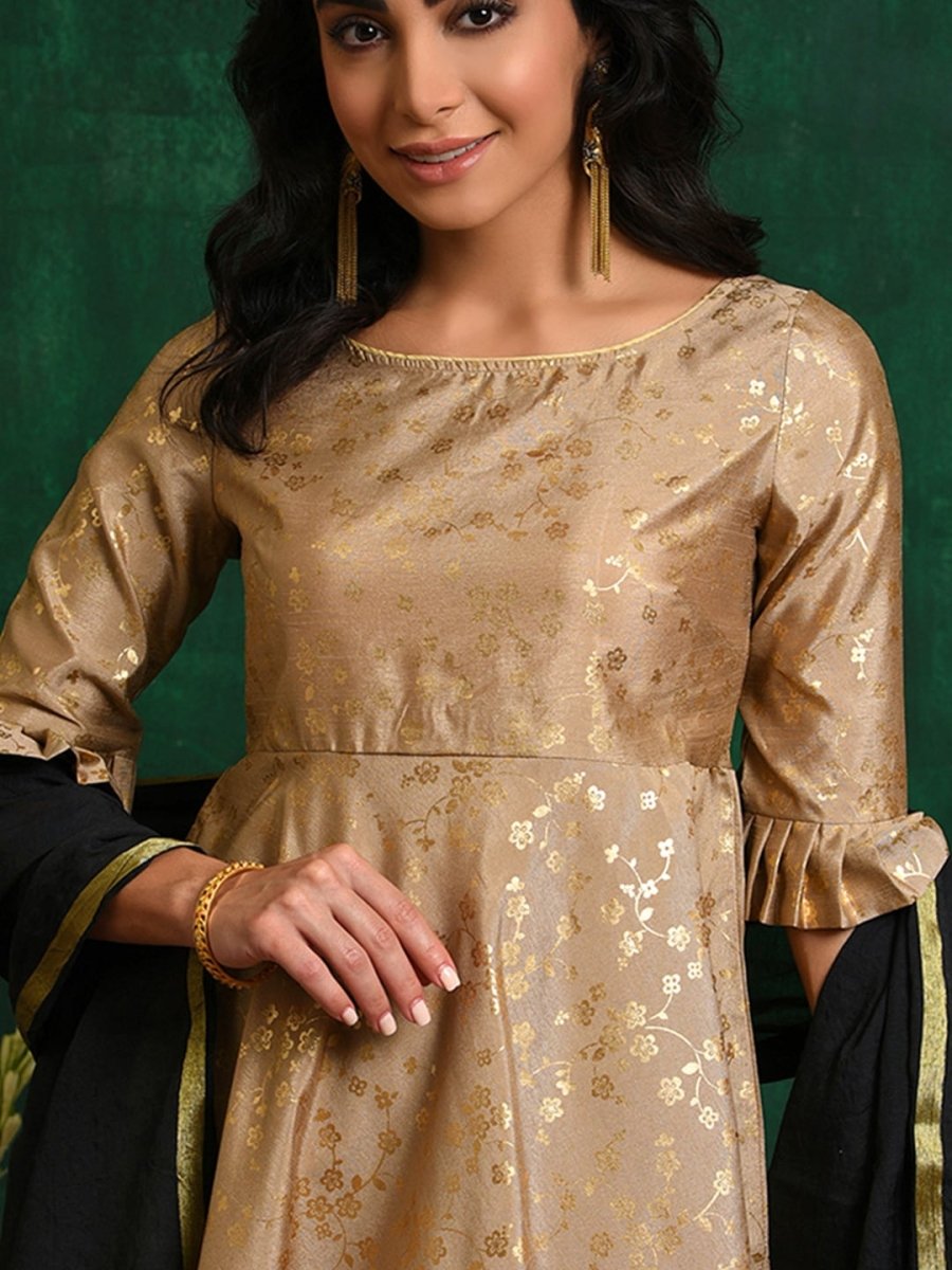 Aks Floral Printed Zari Anarkali Kurta With Trousers & Dupatta | Grocsy