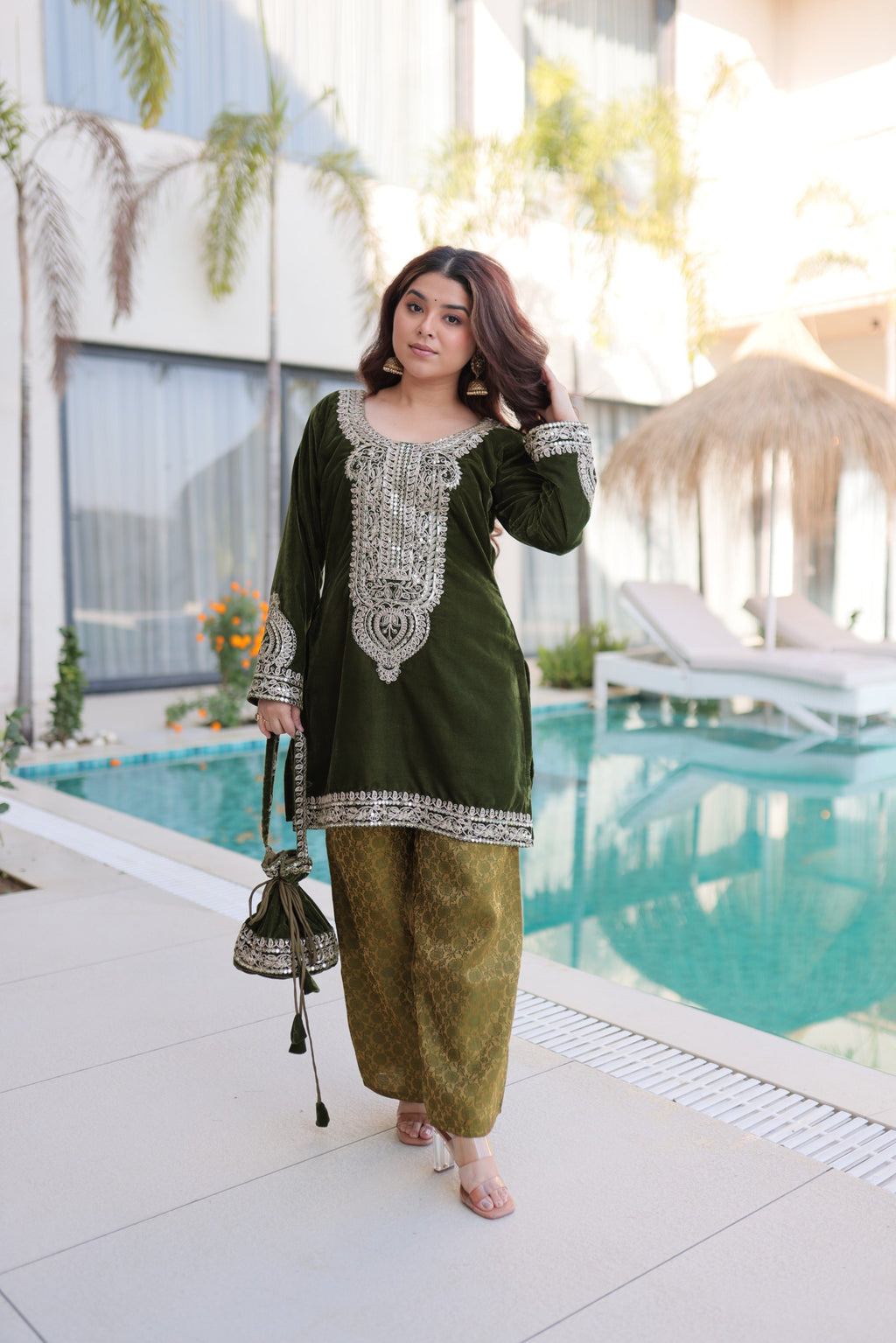 Lorenvalley Fashion Mehendi 9000 Velvet with Rich Zari Coding Embroidered Work Kurta Pant with Batwa | Grocsy
