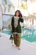 Lorenvalley Fashion Mehendi 9000 Velvet with Rich Zari Coding Embroidered Work Kurta Pant with Batwa | Grocsy