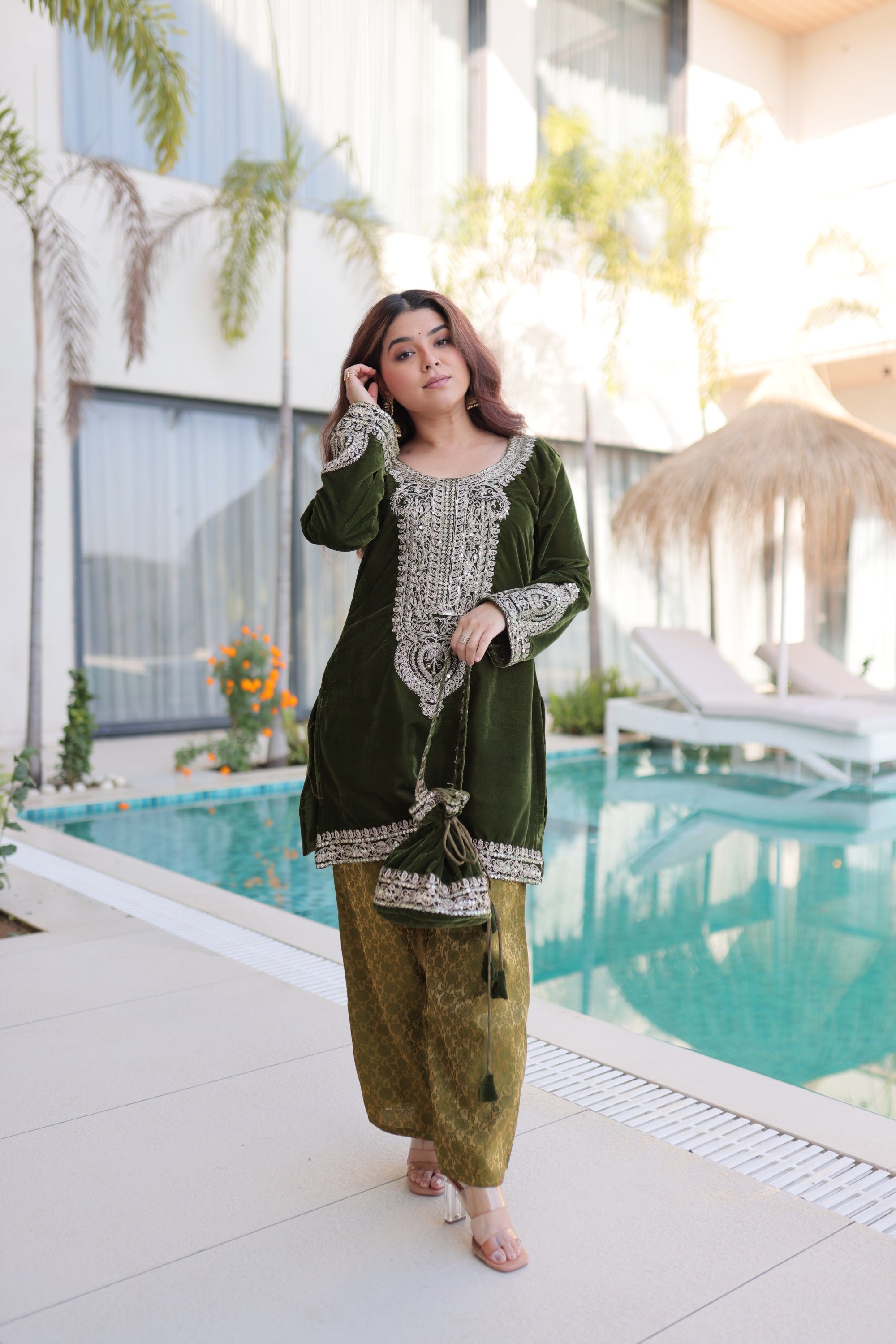 Lorenvalley Fashion Mehendi 9000 Velvet with Rich Zari Coding Embroidered Work Kurta Pant with Batwa | Grocsy