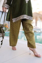 Lorenvalley Fashion Mehendi 9000 Velvet with Rich Zari Coding Embroidered Work Kurta Pant with Batwa | Grocsy