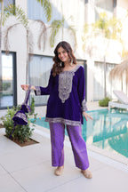 Lorenvalley Fashion Purple 9000 Velvet with Rich Zari Coding Embroidered Work Kurta Pant with Batwa | Grocsy